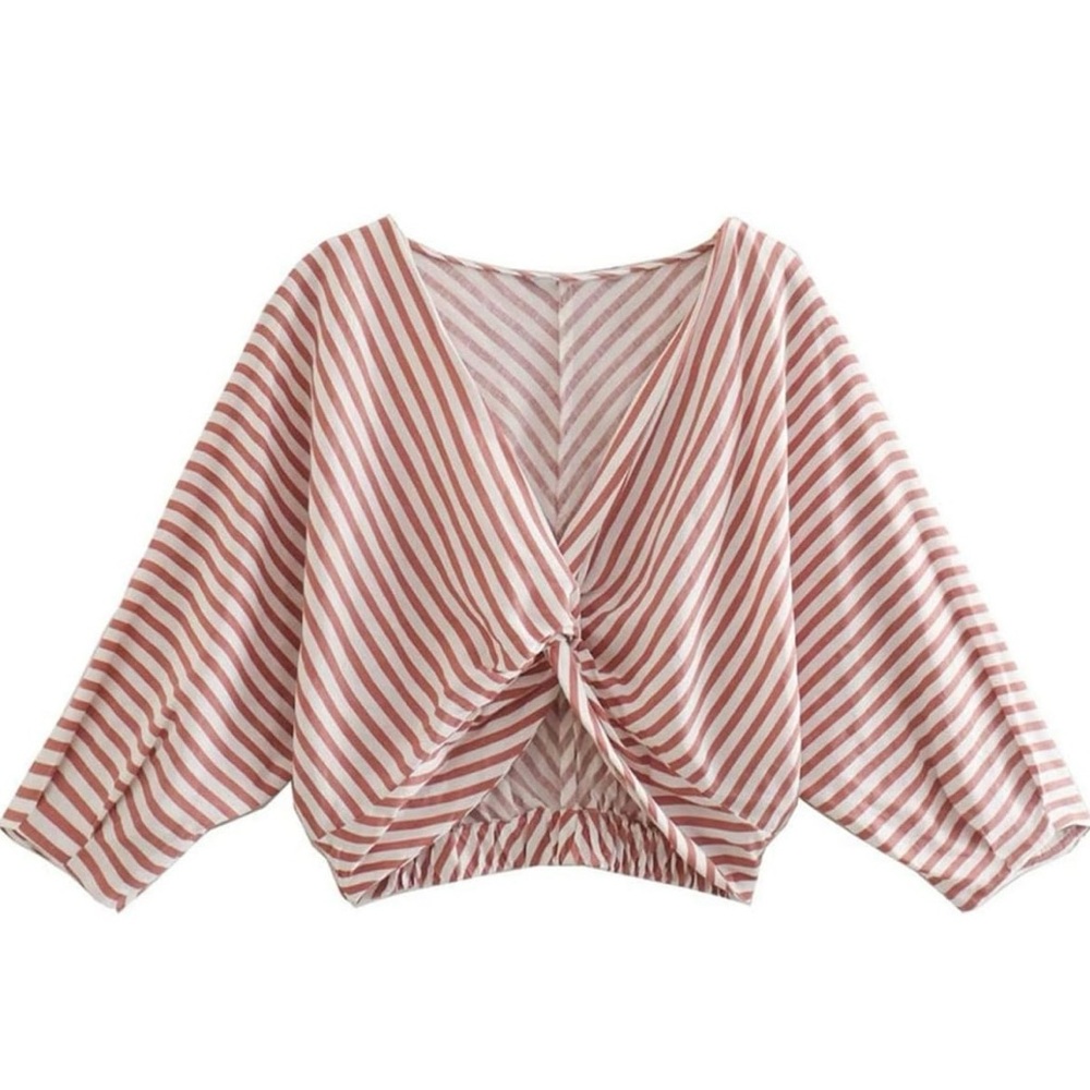 Zara top tie front white and red stripes